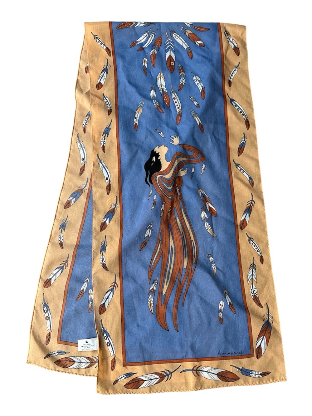 Maxine Noel Oscardo Blue and Tan Feather Woman Print Scarf. 59” x 13”